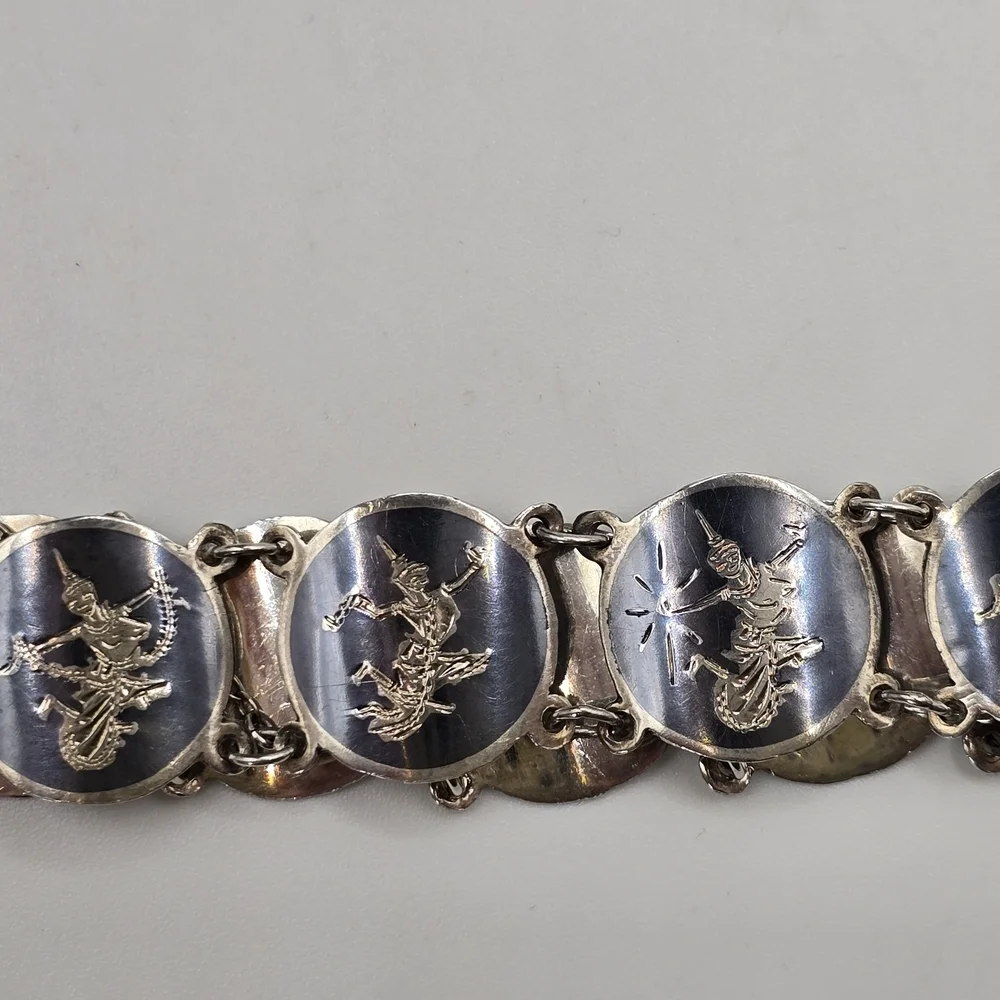 Vintage 1950s Siam Niello Sterling Silver Siam Dancer Fan linked bracelet